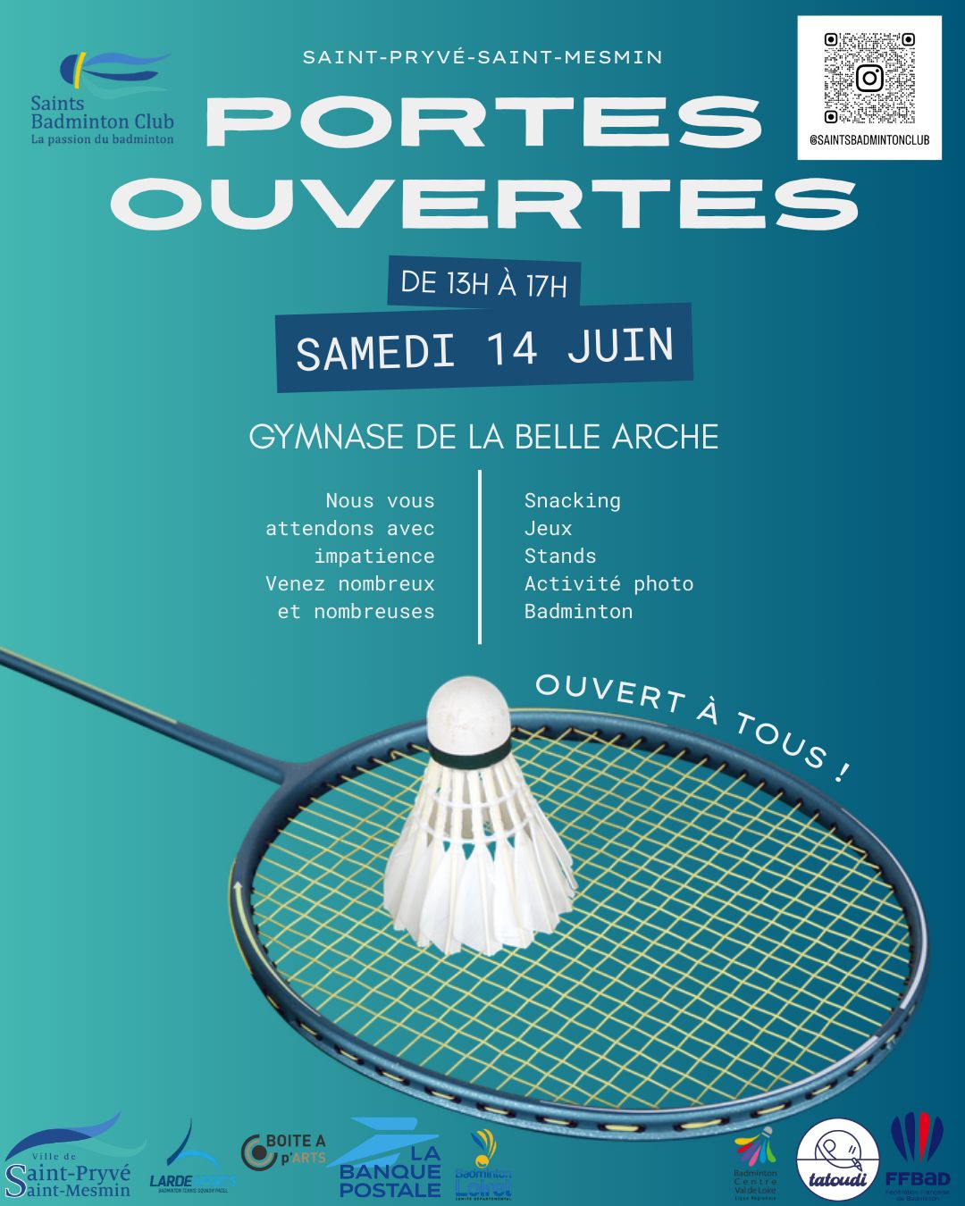 Le club de Badminton de Saint-Pryvé organise ses portes ouvertes samedi 14 juin
