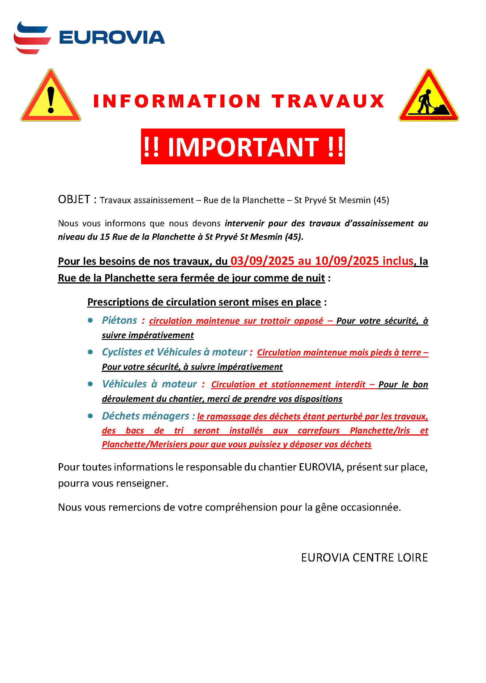 INFO TRAVAUX – RUE DE LA PLANCHETTE FERMÉE